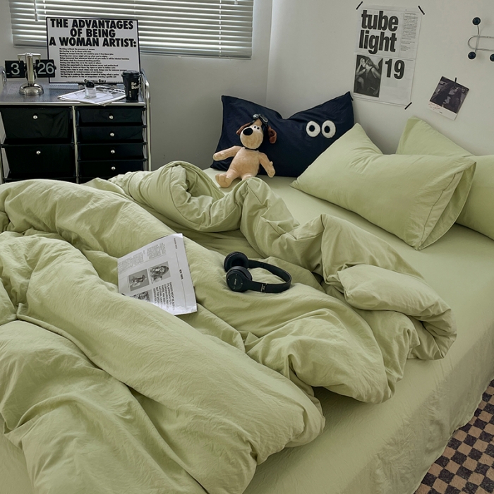 91家纺网 家纺一手货源 找家纺 贝拉梦 2023新款ins风超柔亲肤磨毛褶皱水洗棉单被套 ins奶绿