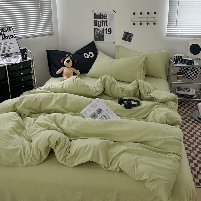 91家纺网 家纺一手货源 找家纺 贝拉梦 2023新款ins风超柔亲肤磨毛褶皱水洗棉单被套 ins奶绿