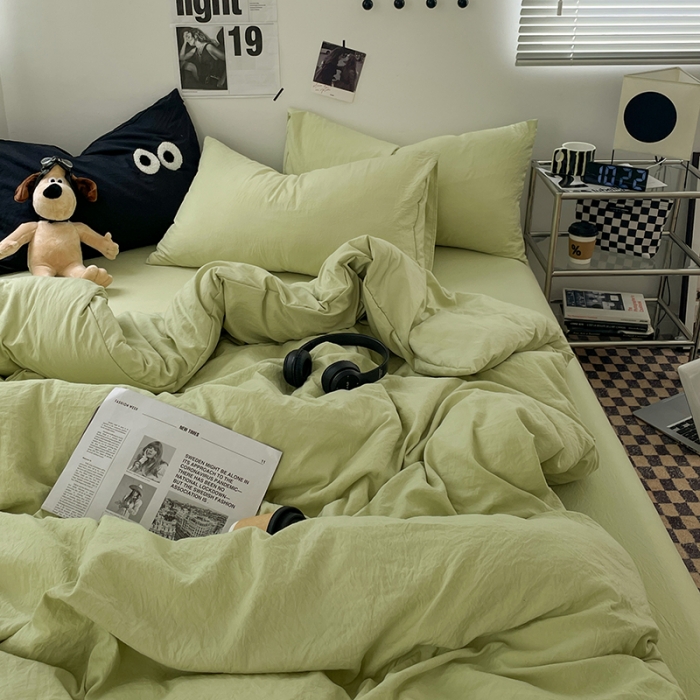 91家纺网 家纺一手货源 找家纺 贝拉梦 2023新款ins风超柔亲肤磨毛褶皱水洗棉单被套 ins奶绿