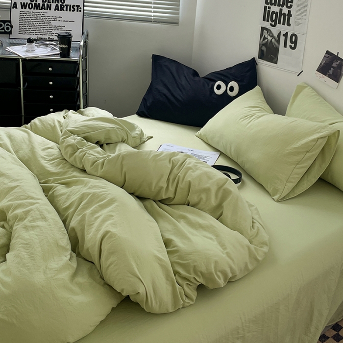 91家纺网 家纺一手货源 找家纺 贝拉梦 2023新款ins风超柔亲肤磨毛褶皱水洗棉单被套 ins奶绿
