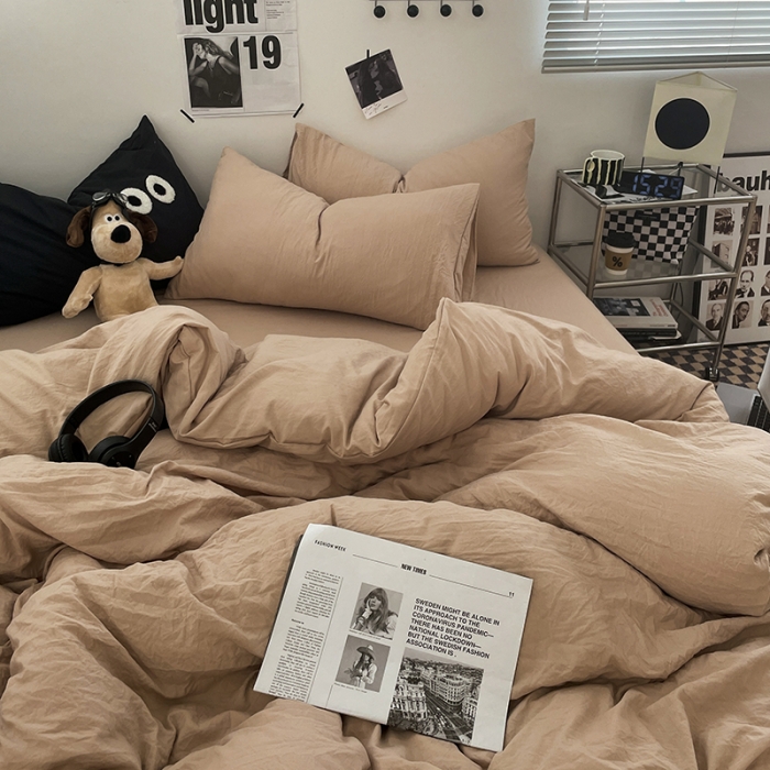 91家纺网 家纺一手货源 找家纺 贝拉梦 2023新款ins风超柔亲肤磨毛褶皱水洗棉单被套 ins奶杏