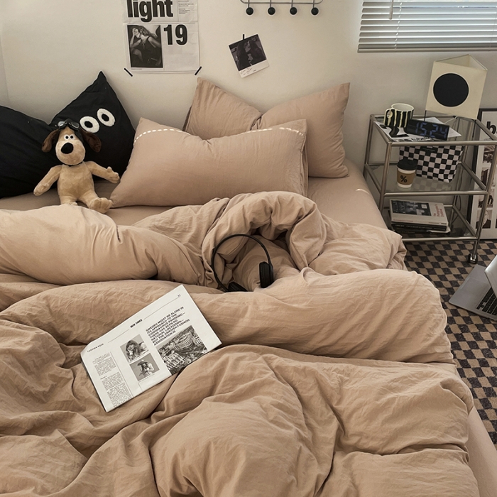 91家纺网 家纺一手货源 找家纺 贝拉梦 2023新款ins风超柔亲肤磨毛褶皱水洗棉单被套 ins奶杏