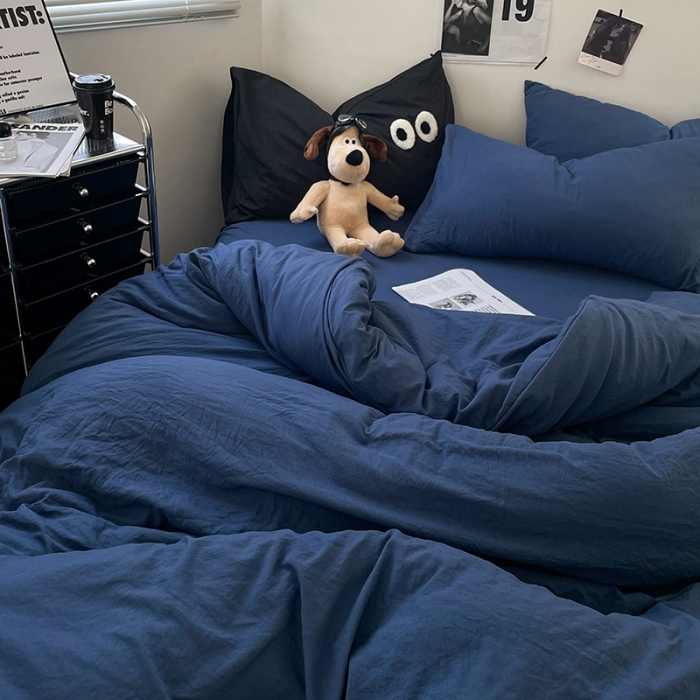 91家纺网 家纺一手货源 找家纺 贝拉梦 2023新款ins风超柔亲肤磨毛褶皱水洗棉单被套 ins牛仔蓝