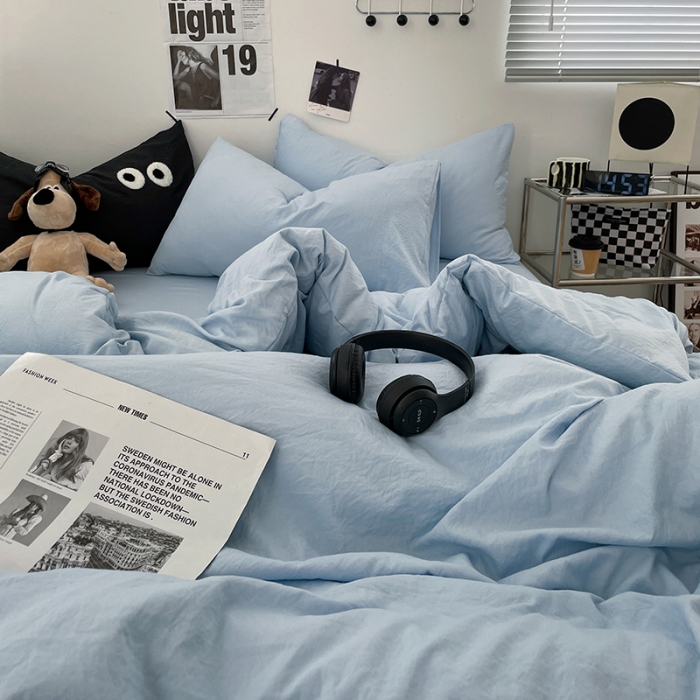 91家纺网 家纺一手货源 找家纺 贝拉梦 2023新款ins风超柔亲肤磨毛褶皱水洗棉单被套 ins晴蓝