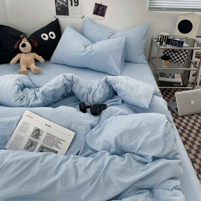91家纺网 家纺一手货源 找家纺 贝拉梦 2023新款ins风超柔亲肤磨毛褶皱水洗棉单被套 ins晴蓝