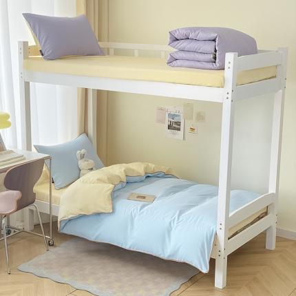 91家纺网 家纺一手货源 找家纺 眠帛2023水洗棉麻绳滚边芝士系列学生三件套六简套A类 芝士天空蓝奶黄