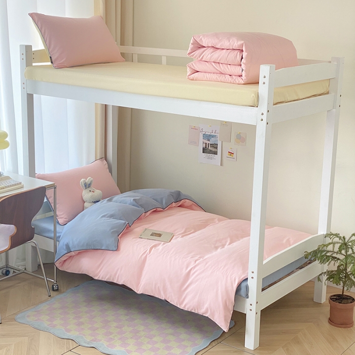 91家纺网 家纺一手货源 找家纺 眠帛2023水洗棉麻绳滚边芝士系列学生三件套六简套A类 芝士奶油粉蓝灰