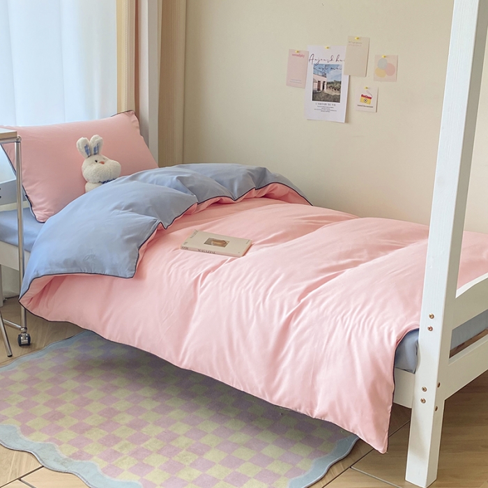 91家纺网 家纺一手货源 找家纺 眠帛2023水洗棉麻绳滚边芝士系列学生三件套六简套A类 芝士奶油粉蓝灰