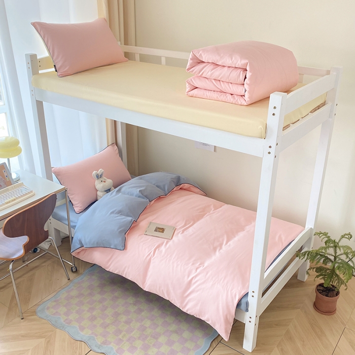 91家纺网 家纺一手货源 找家纺 眠帛2023水洗棉麻绳滚边芝士系列学生三件套六简套A类 芝士奶油粉蓝灰