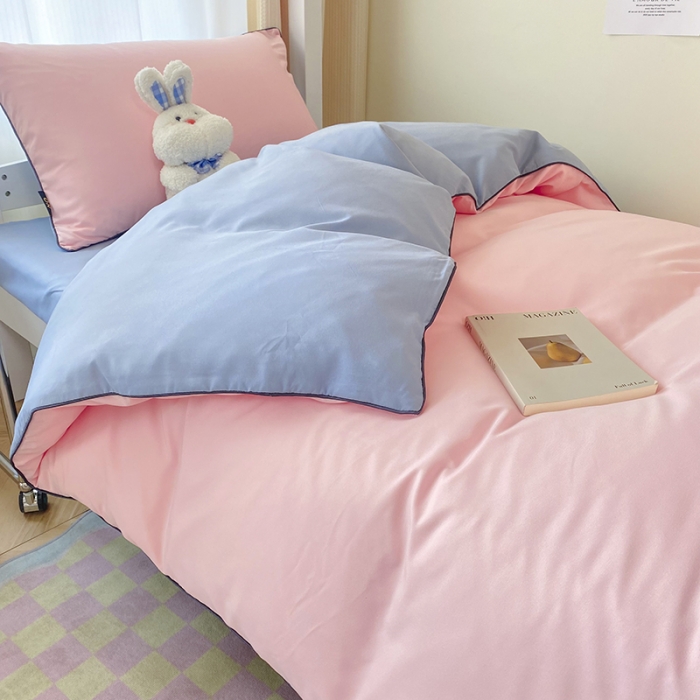 91家纺网 家纺一手货源 找家纺 眠帛2023水洗棉麻绳滚边芝士系列学生三件套六简套A类 芝士奶油粉蓝灰