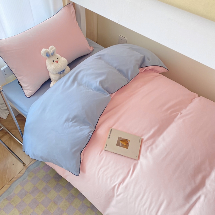 91家纺网 家纺一手货源 找家纺 眠帛2023水洗棉麻绳滚边芝士系列学生三件套六简套A类 芝士奶油粉蓝灰