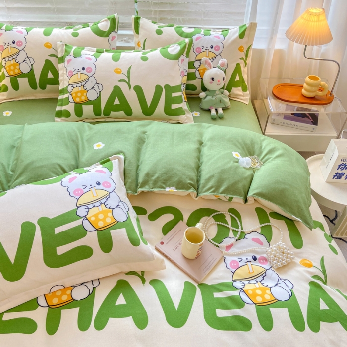 91家纺网 家纺一手货源 找家纺 红日子 2023新款斜纹印花四件套 萌萌兔