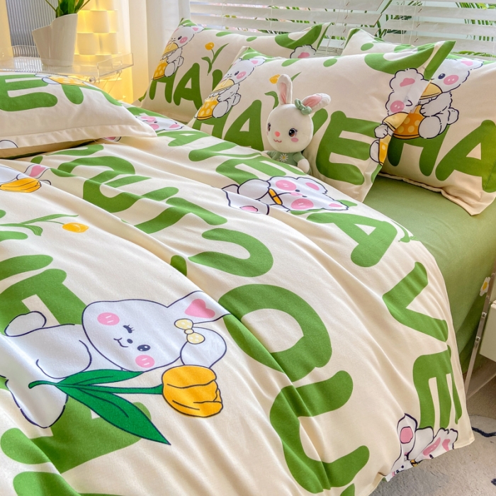 91家纺网 家纺一手货源 找家纺 红日子 2023新款斜纹印花四件套 萌萌兔