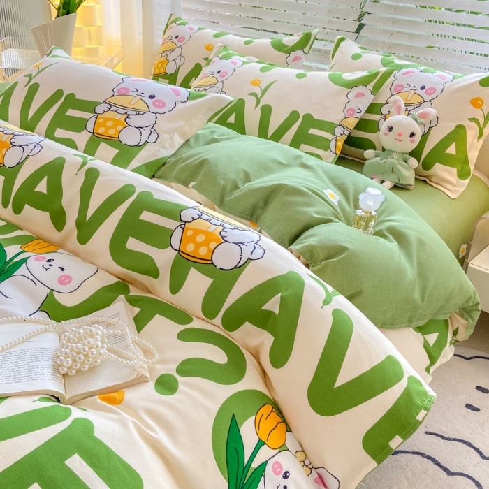 91家纺网 家纺一手货源 找家纺 红日子 2023新款斜纹印花四件套 萌萌兔