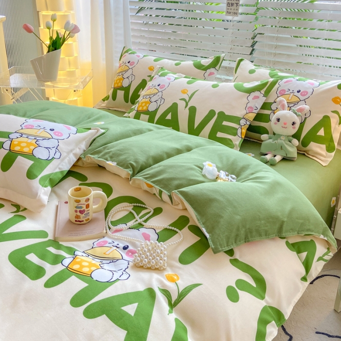 91家纺网 家纺一手货源 找家纺 红日子 2023新款斜纹印花四件套 萌萌兔