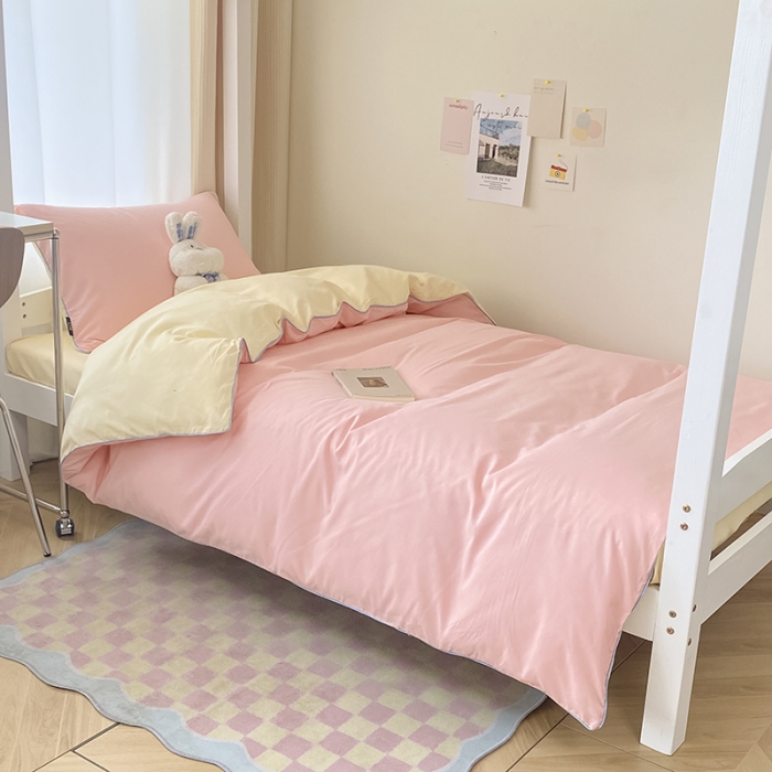 91家纺网 家纺一手货源 找家纺 眠帛2023水洗棉麻绳滚边芝士系列学生三件套六简套A类 芝士奶油粉奶黄