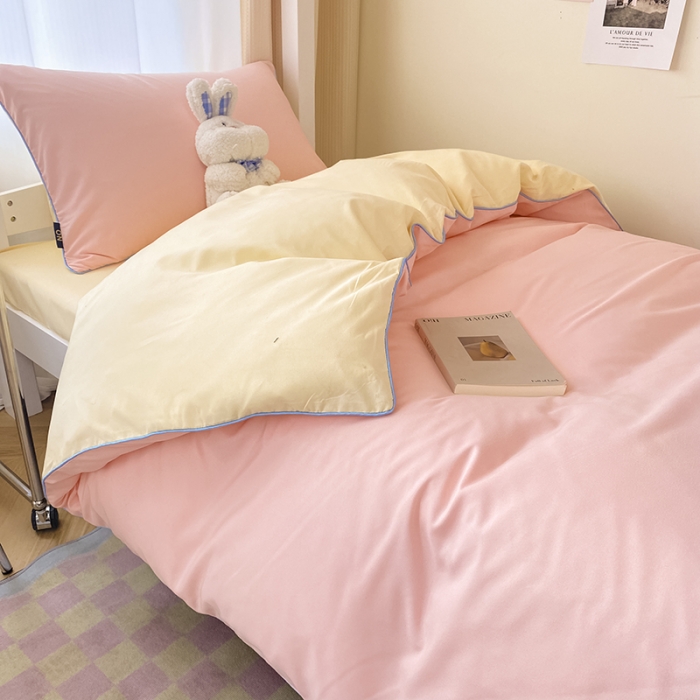 91家纺网 家纺一手货源 找家纺 眠帛2023水洗棉麻绳滚边芝士系列学生三件套六简套A类 芝士奶油粉奶黄