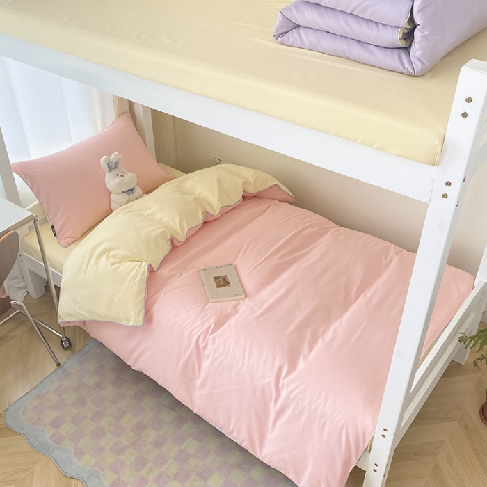 91家纺网 家纺一手货源 找家纺 眠帛2023水洗棉麻绳滚边芝士系列学生三件套六简套A类 芝士奶油粉奶黄