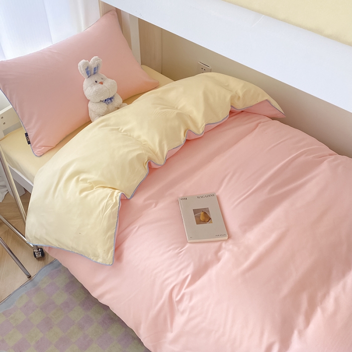 91家纺网 家纺一手货源 找家纺 眠帛2023水洗棉麻绳滚边芝士系列学生三件套六简套A类 芝士奶油粉奶黄