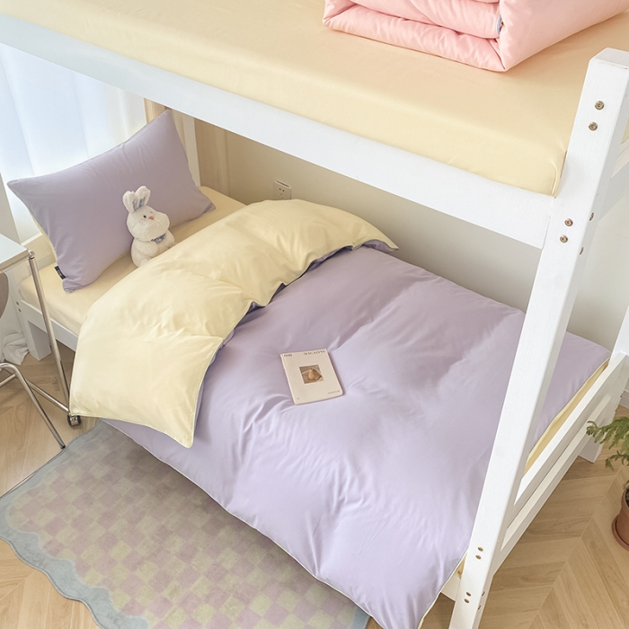 91家纺网 家纺一手货源 找家纺 眠帛2023水洗棉麻绳滚边芝士系列学生三件套六简套A类 芝士浅紫奶昔白