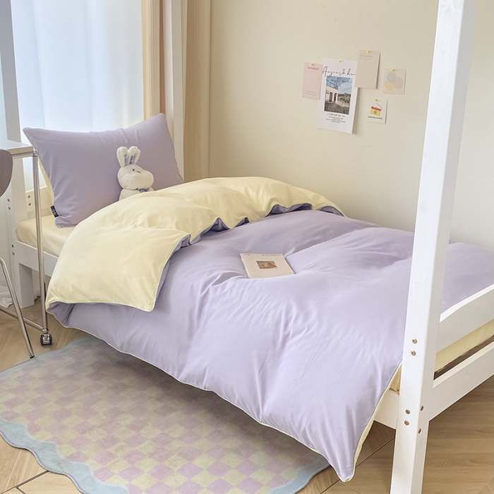 91家纺网 家纺一手货源 找家纺 眠帛2023水洗棉麻绳滚边芝士系列学生三件套六简套A类 芝士浅紫奶昔白