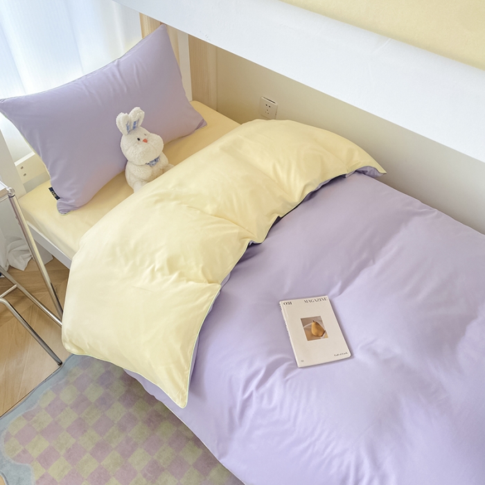 91家纺网 家纺一手货源 找家纺 眠帛2023水洗棉麻绳滚边芝士系列学生三件套六简套A类 芝士浅紫奶昔白