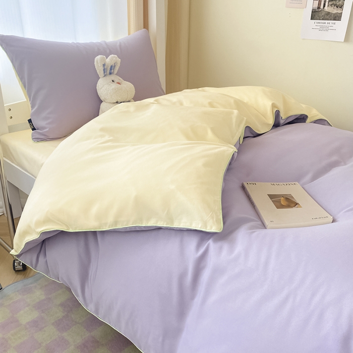 91家纺网 家纺一手货源 找家纺 眠帛2023水洗棉麻绳滚边芝士系列学生三件套六简套A类 芝士浅紫奶昔白