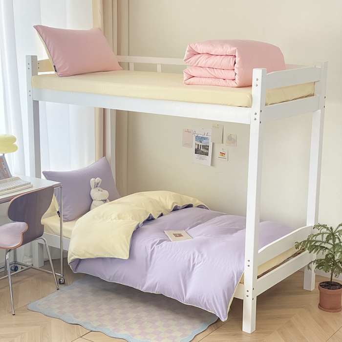 91家纺网 家纺一手货源 找家纺 眠帛2023水洗棉麻绳滚边芝士系列学生三件套六简套A类 芝士浅紫奶昔白