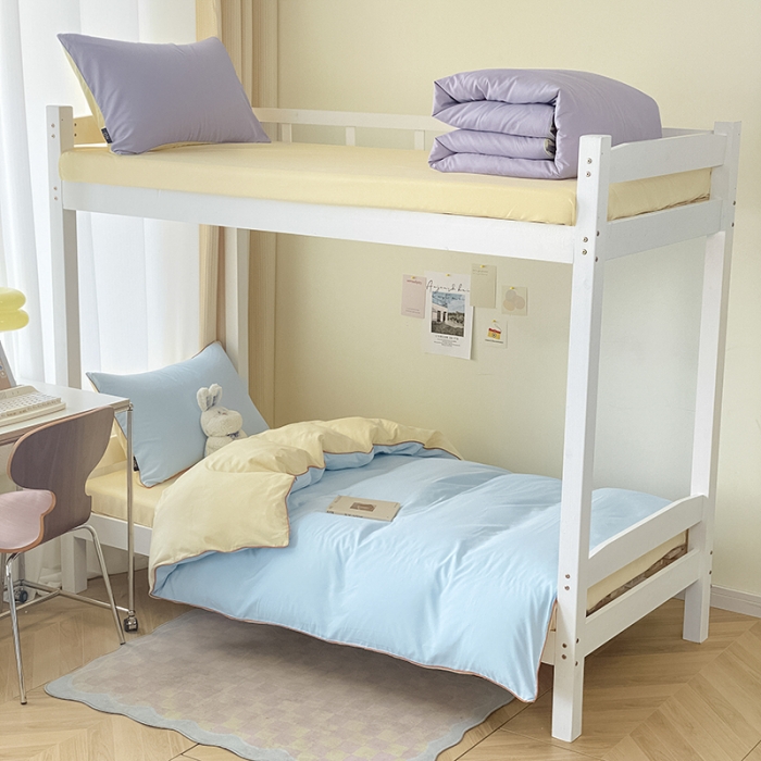 91家纺网 家纺一手货源 找家纺 眠帛2023水洗棉麻绳滚边芝士系列学生三件套六简套A类 芝士天空蓝奶黄