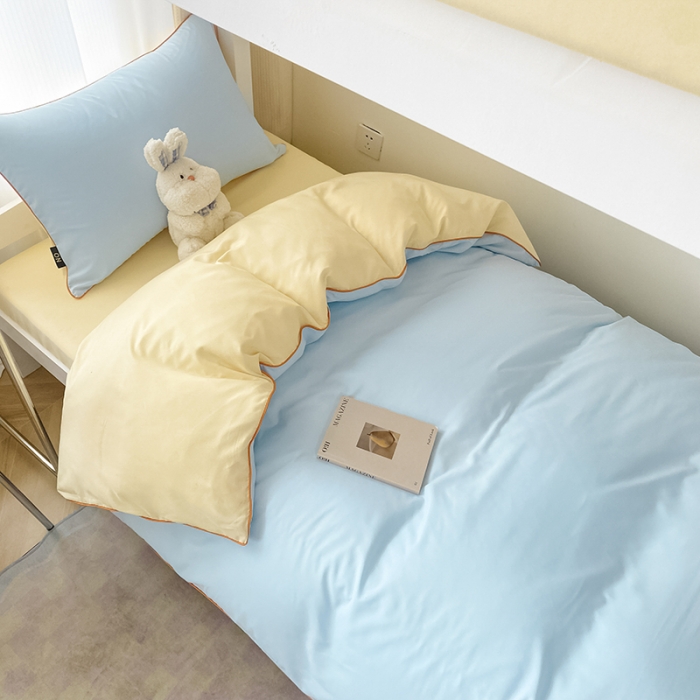 91家纺网 家纺一手货源 找家纺 眠帛2023水洗棉麻绳滚边芝士系列学生三件套六简套A类 芝士天空蓝奶黄