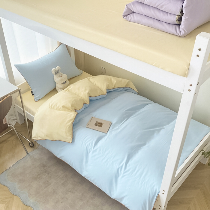 91家纺网 家纺一手货源 找家纺 眠帛2023水洗棉麻绳滚边芝士系列学生三件套六简套A类 芝士天空蓝奶黄