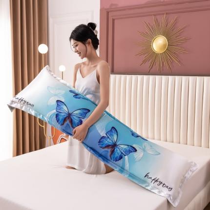 新款大版单双人可水洗机洗枕套冰丝夏季情侣枕头套 蓝蝴蝶