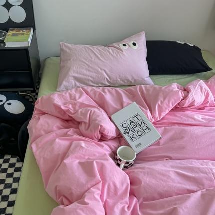 91家纺网 家纺一手货源 找家纺 盼季家纺 2023新款纯色水洗棉大眼睛煤球四件套 大眼-混搭粉绿