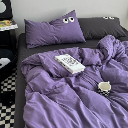 91家纺网 家纺一手货源 找家纺 盼季家纺 2023新款纯色水洗棉大眼睛煤球四件套 大眼-紫黑混搭