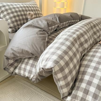 91家纺网 家纺一手货源 找家纺 盼季 2023新款无印风格子纯色水洗棉四件套 三分格-灰