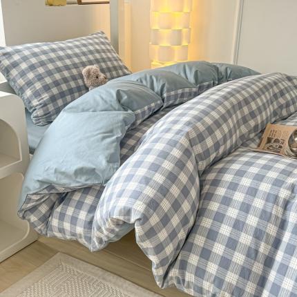 91家纺网 家纺一手货源 找家纺 盼季 2023新款无印风格子纯色水洗棉四件套 三分格蓝