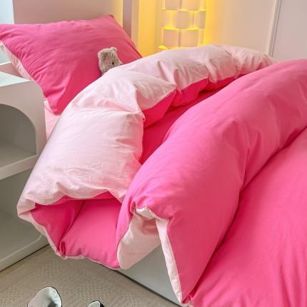 91家纺网 家纺一手货源 找家纺 盼季 2023新款无印风格子纯色水洗棉四件套 树莓红双拼