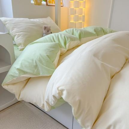 91家纺网 家纺一手货源 找家纺 盼季 2023新款无印风格子纯色水洗棉四件套 芝士果绿