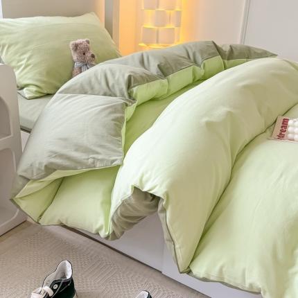 91家纺网 家纺一手货源 找家纺 盼季 2023新款无印风格子纯色水洗棉四件套 果绿深绿