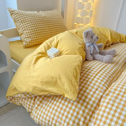 盼季 2023新款无印风格子纯色水洗棉四件套 布丁黄