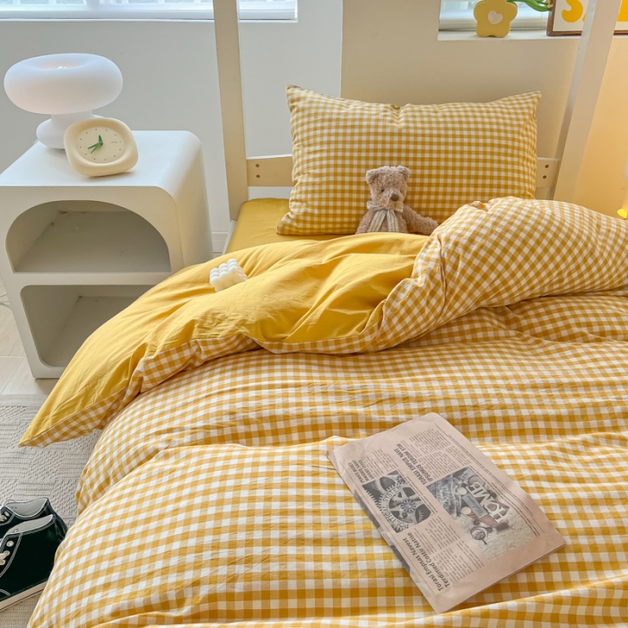 91家纺网 家纺一手货源 找家纺 盼季 2023新款无印风格子纯色水洗棉四件套 布丁黄