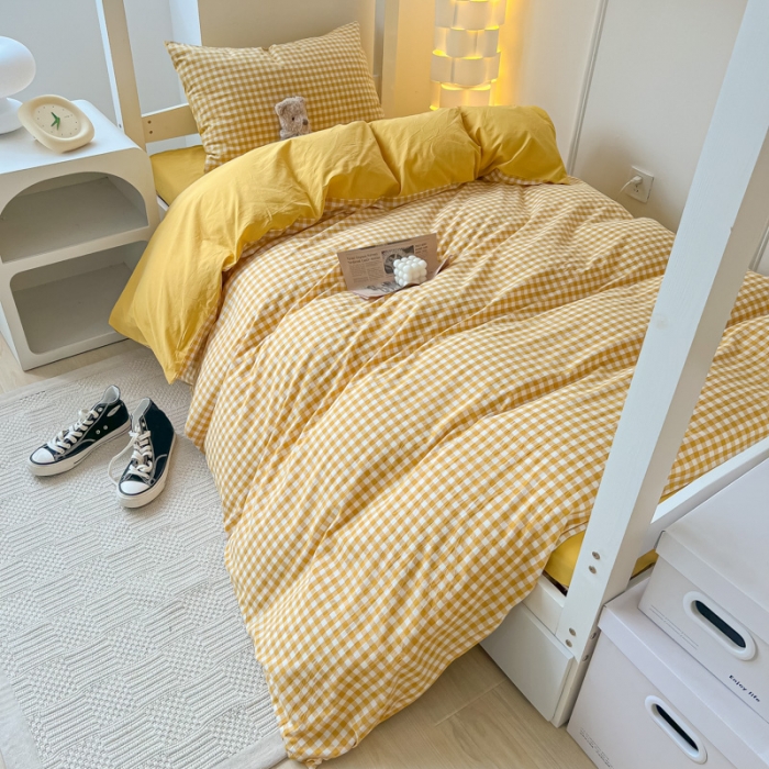 91家纺网 家纺一手货源 找家纺 盼季 2023新款无印风格子纯色水洗棉四件套 布丁黄