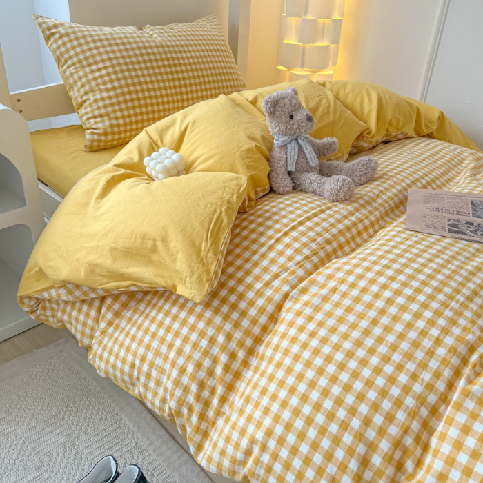 91家纺网 家纺一手货源 找家纺 盼季 2023新款无印风格子纯色水洗棉四件套 布丁黄