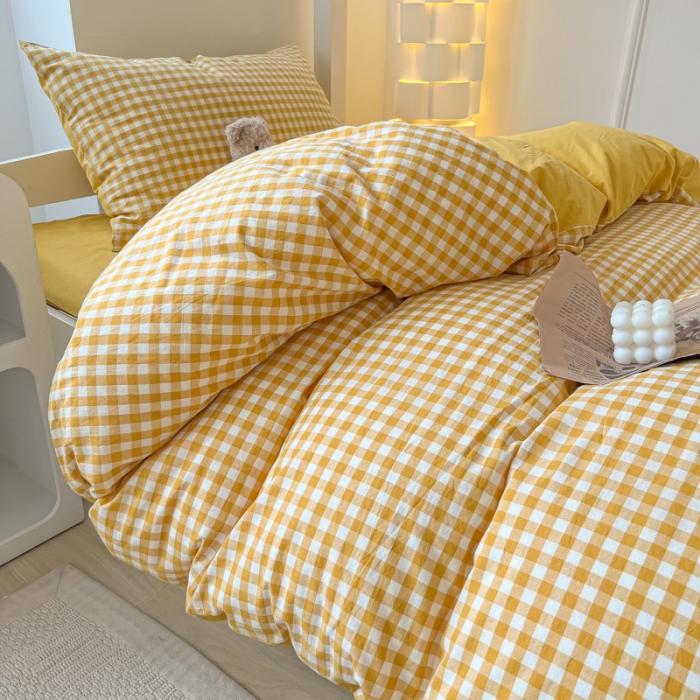 91家纺网 家纺一手货源 找家纺 盼季 2023新款无印风格子纯色水洗棉四件套 布丁黄