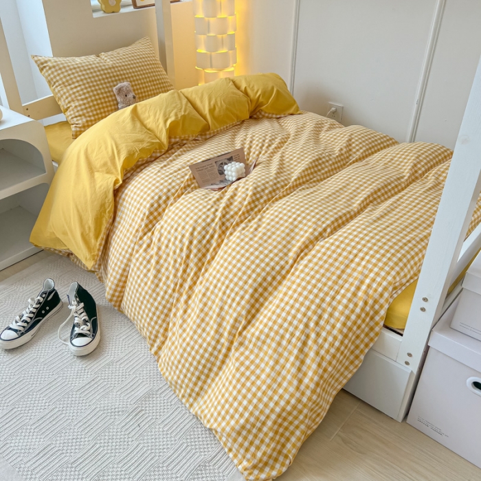 91家纺网 家纺一手货源 找家纺 盼季 2023新款无印风格子纯色水洗棉四件套 布丁黄