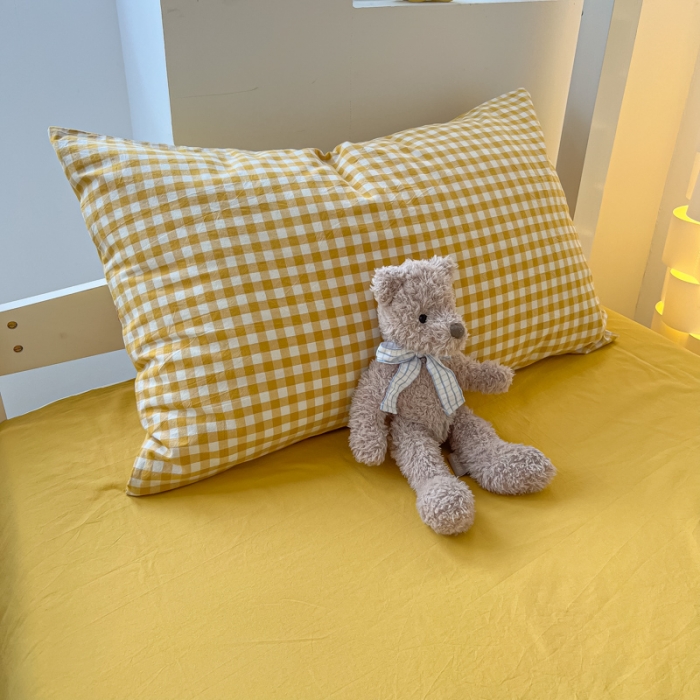 91家纺网 家纺一手货源 找家纺 盼季 2023新款无印风格子纯色水洗棉四件套 布丁黄