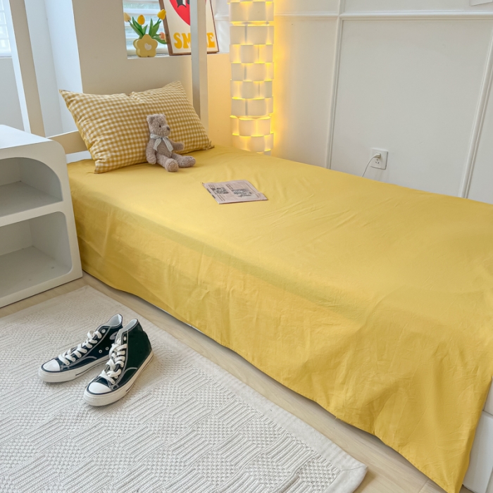 91家纺网 家纺一手货源 找家纺 盼季 2023新款无印风格子纯色水洗棉四件套 布丁黄