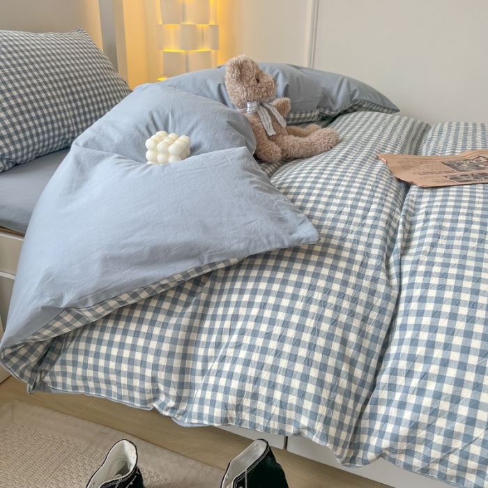 91家纺网 家纺一手货源 找家纺 盼季 2023新款无印风格子纯色水洗棉四件套 布丁蓝