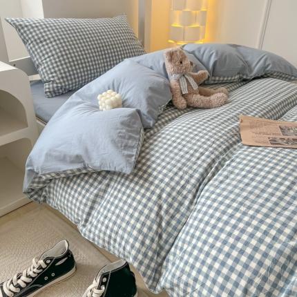 盼季 2023新款无印风格子纯色水洗棉四件套 布丁蓝