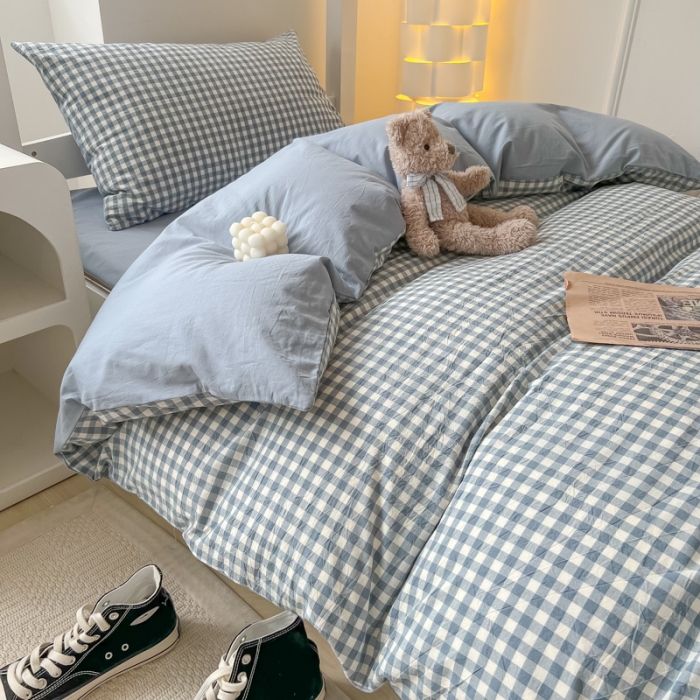 91家纺网 家纺一手货源 找家纺 盼季 2023新款无印风格子纯色水洗棉四件套 布丁蓝